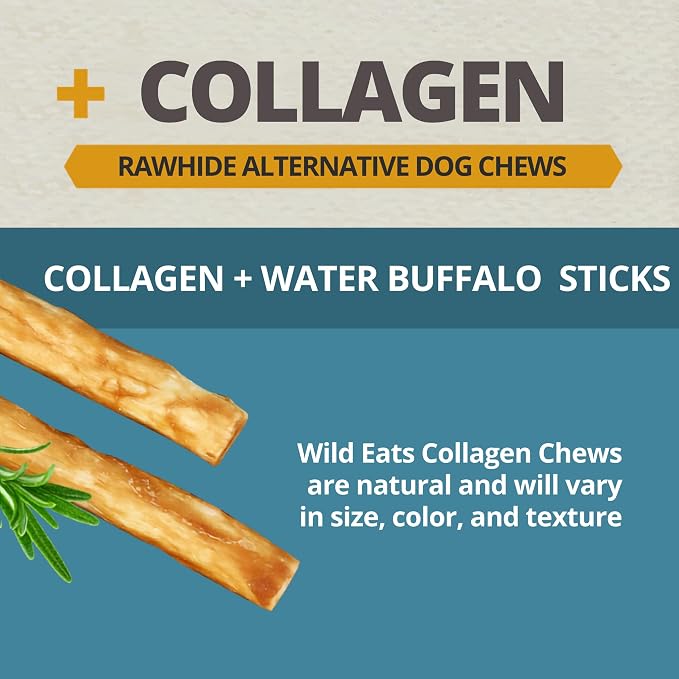Wild Eats Water Buffalo Collagen Sticks for Dogs (25 Pack, 0.6 cm Wide) Long Lasting Dog Chews, No Hide Dog Treat Bully Stick Alternative, Rawhide Free, Grain Free, High Protein | Rawhide and grain free no hide chew treats, bully style alternative, 0.6...