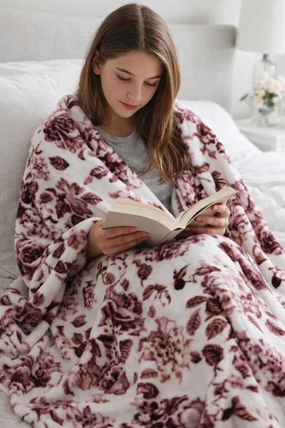 Floral Fleece Throw Blankets: Soft Plush Flower Garden Accent for Sofa Couch, Blush Pink Blue Purple Burgundy White