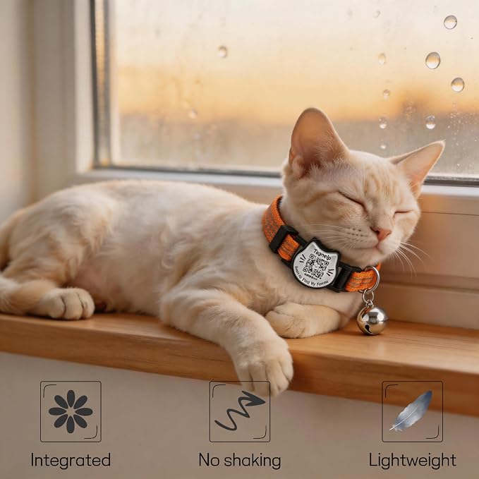 Breakaway Cat Collar with QR Code Tag and Bell (Blue & Orange) | Reflective Nylon, Quick-Release Buckle