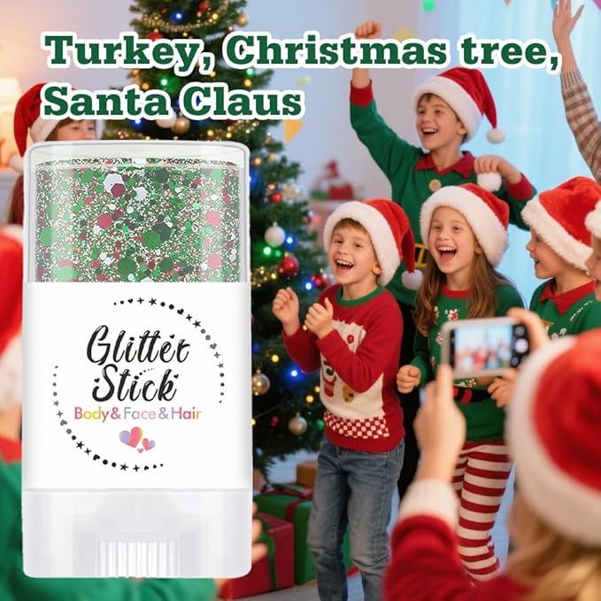 Christmas Body Glitter Stick, Sparkling Holographic Sequins Neon Outfit Party Christmas Hair Accessories and Face Glitter Gel Makeup.(Red Green and White)