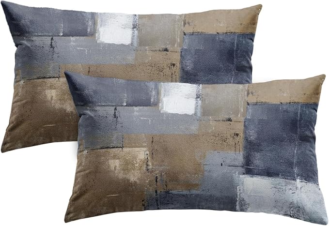 Throw Pillow Covers Set of 2, 12 x 20 Inch, Blue Brown Grey Taupe | Abstract Modern Art Outdoor Decorative Square Pillow Cases Couch Cushion Case for Couch Bed Sofa Living Room Home Decor