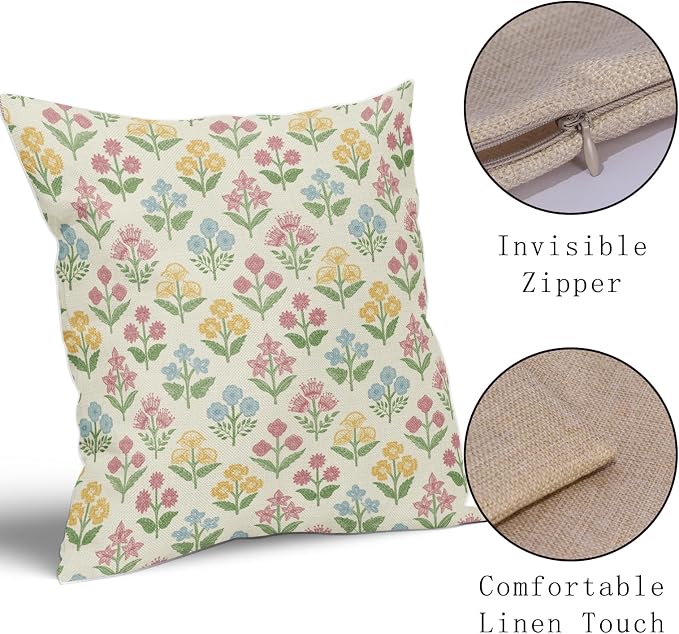 Spring Floral Block Print Pillow Covers 16x16 Inch Set of 2, Easter Decoration Pink Yellow Blue Flower Decorative Throw Pillowcases Outdoor Farmhouse Cushion Covers Holiday Sofa Couch Bed Decor
