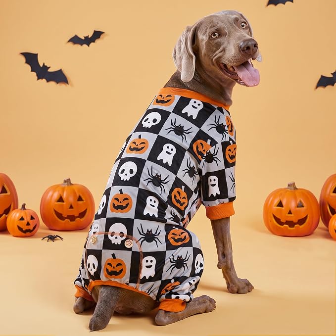 KYEESE Dog Halloween Pajamas for Large Dogs, Checkered Pumpkin Ghost | Cozy Halloween Outfit, Great for Halloween Photos, 4-Way Stretch, Lightweight & Breathable, Gentle on Sensitive Skin