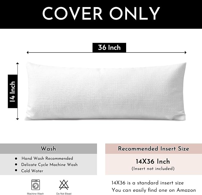 OTOSTAR Linen Throw Pillow Cover Set of 1 Decorative Long Lumbar Pillowcase Rectangle Cushion Cover 14x36 Inch for Home Decor Sofa Bedroom Car 35 x 90CM Pure White