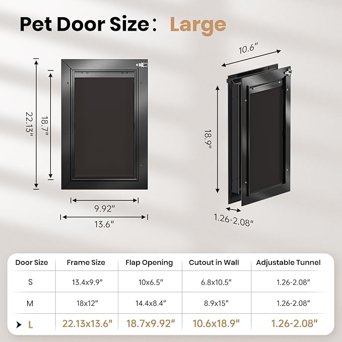 All Aluminum Dog Door for Exterior Door, Large Doggy Door, Heavy Duty Pet Door, Double Magnetic Flaps, Thermal Tnsulation, Energy Efficient, Sliding Lock Panel (Pets Up to 110Lb). | Aluminum Alloy Frame, Upgraded Magnetic Flaps, Thermal Insulation, Ene...