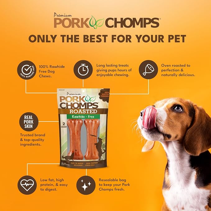 Pork Chomps Rawhide Free Pork Skin Dog Chew Bone, 4.5in, 2ct | Roasted, pressed pork skin chew. Long-lasting, high protein, low fat, healthy & delicious.