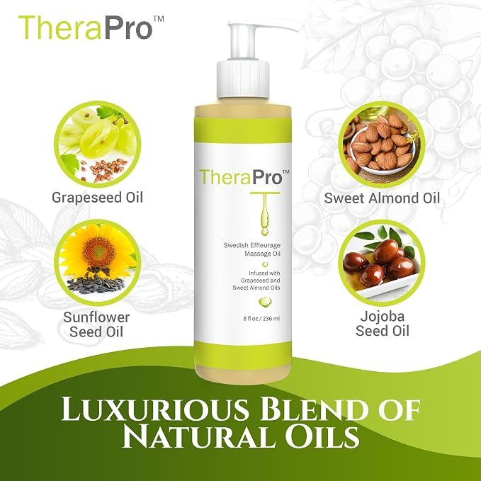 Swedish Effleurage Massage Oil by TheraPro - 8 Ounce - All Natural Unscented Massage Oil for Massage Therapy - Grapeseed Oil, Almond Oil, Jojoba, Vitamin E - Water Soluble