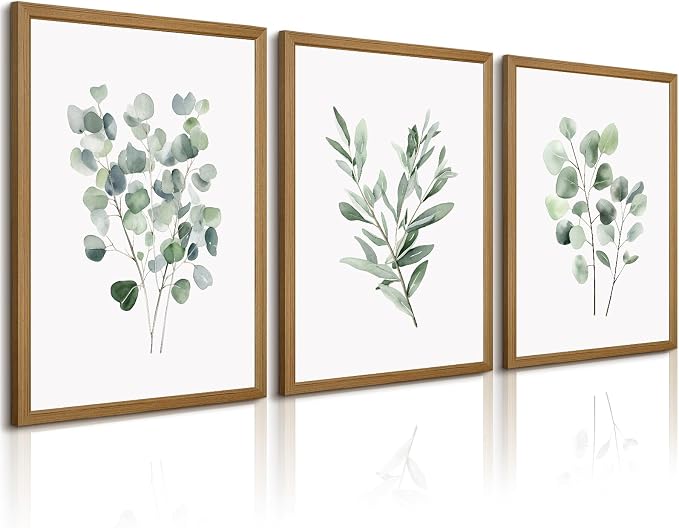 Botanical Wall Art Sage Green Canvas Wall Decor Eucalyptus Art Watercolor Plant Pictures Green Botanical Prints Minimalist Leaf Painting Set of 3 for Bathroom Living Room 16x24 Inch Wood Framed
