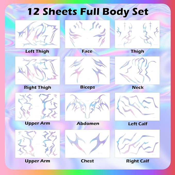 Temporary Tattoos For Men and Women - 12 Sheets Full Body Tattoos Stickers Waterproof Movie Cosplay Costume Accessories for Boys Girls Festival Party Rave Stage Makeup Decoration（Laser）