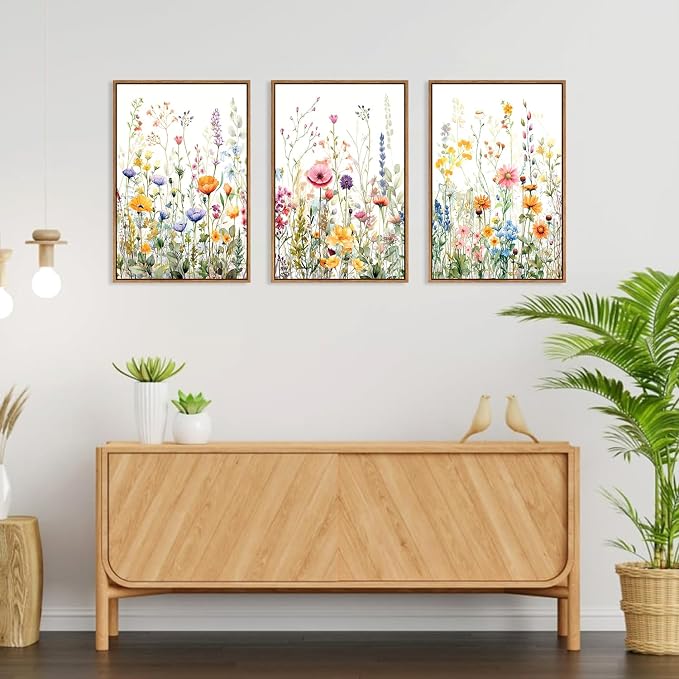 FWIEXA Wildflower Pictures Wall Decor, 3 Piece Floral Canvas Wall Art Set, Framed Watercolor Flower Painting, Colorful Botanical Artwork, 16x24 Inches Poster for Living Room, Bedroom, Nursery, Home