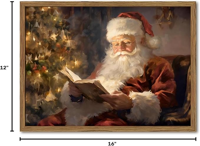 Framed Vintage Christmas Canvas Wall Art, Santa Claus Reading Book Paintings Wall Decor, Rustic Winter Holiday Pictures Prints for Living Room Bedroom Home Decoration 12×16 inch