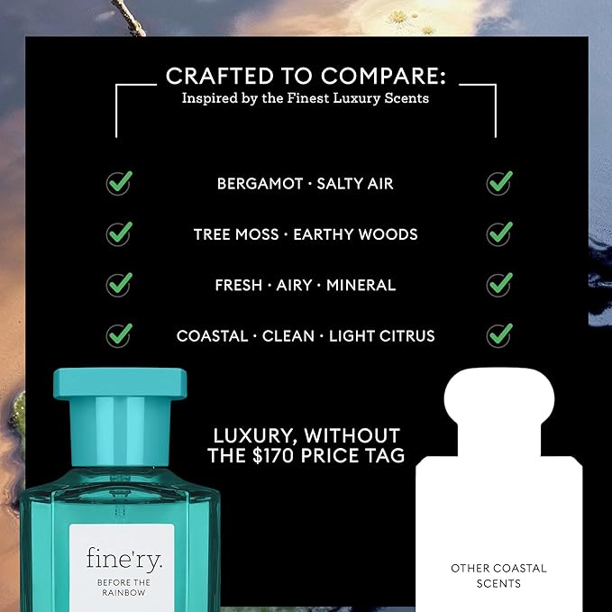 Fine'ry Sea Salt Bergamot Perfume – Before the Rainbow, for Women & Men, Unisex Cologne - Salty Air, Bergamot, Tree Moss Eau De Parfum - Fresh, Clean Scent, Long-Lasting Full Size Hair + Body (60mL)