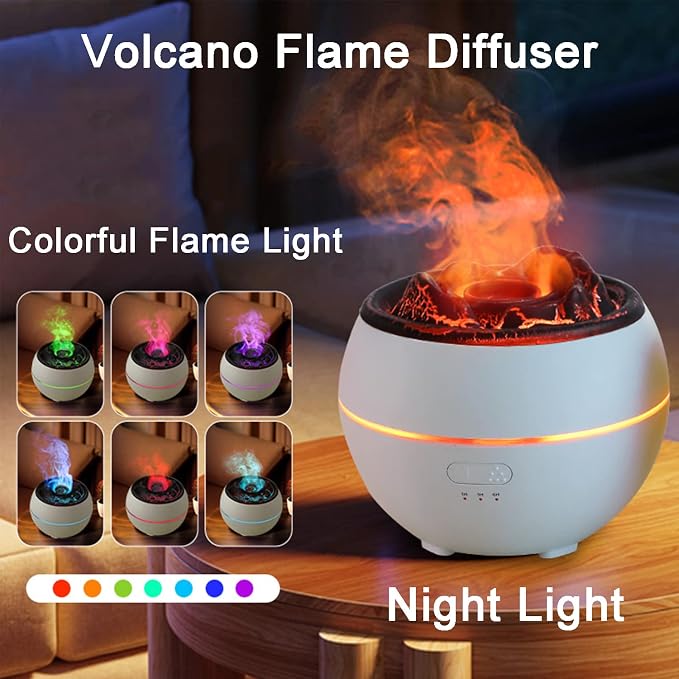 YALEDI Essential Oil Diffuser, Volcano Flame Fire Oil Diffuser, 360ml Ultrasonic Cool Mist Aromatherapy Humidifier, Scent Diffuser with 7 Colors Light, Timer & Auto Shut-Off for Home, Room (White)