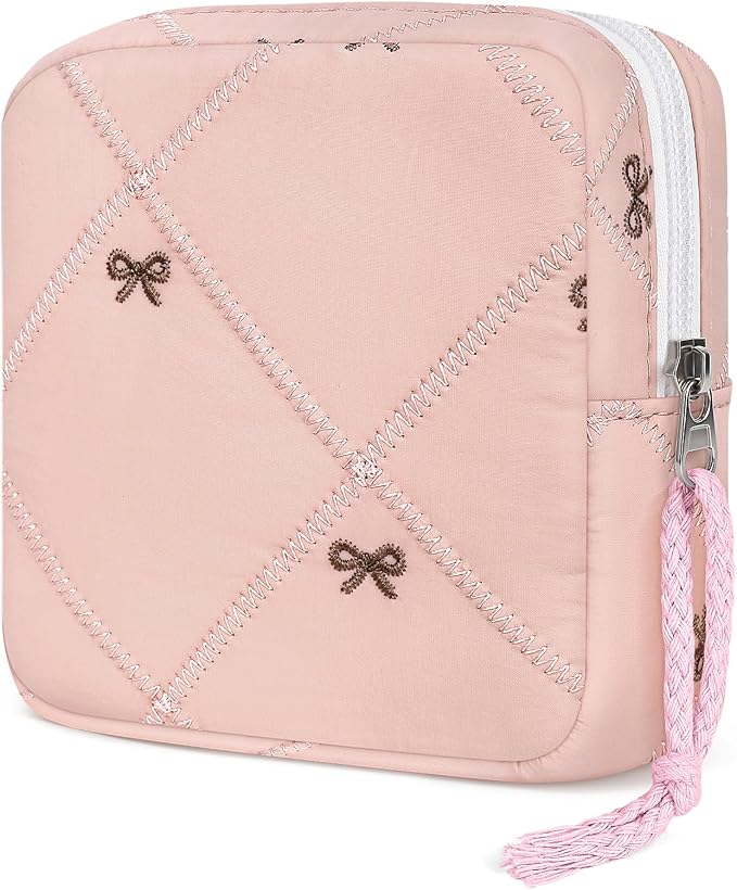 Likesing Quilted Period Bag, Period Pouches for Teen Girls Womens, Portable Bow Sanitary Napkin Storage Bag Feminine Emergency Tampon Pad Pouch(Pink Bow)
