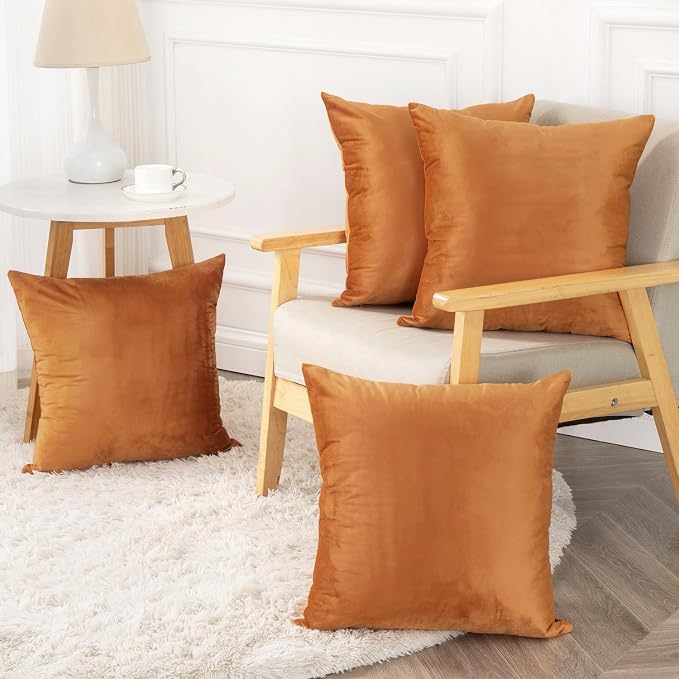 Velvet Decorative Fall Throw Pillow Covers, Soft Square Cushion Case Home Decor for Living Room Couch Bed Sofa, Set of 2 Pack, Burnt Orange, 18x18 Inch