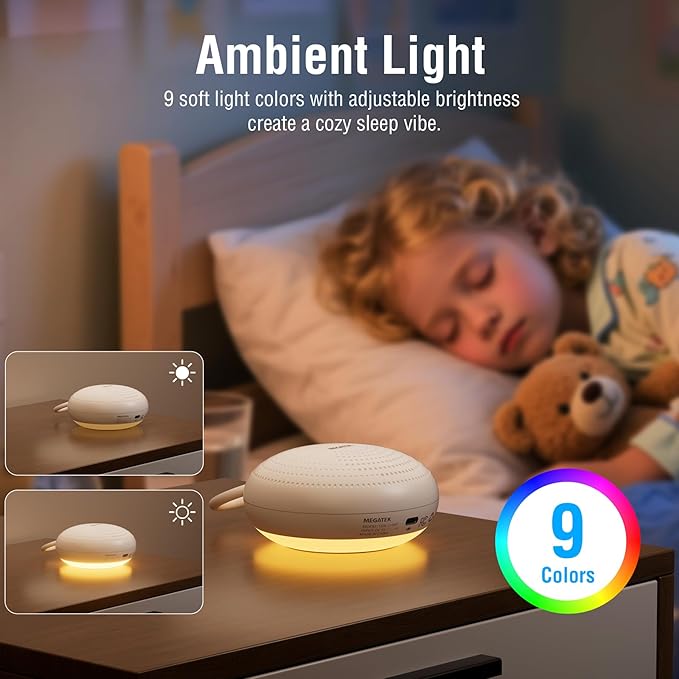 MEGATEK Sleep Sound Machine, 24 Soothing Sounds, 9 Color Dimmable Night Light, Bluetooth & 180s Voice Recording, 2000mAh Rechargeable Battery with Timer & Hook, Easy to Use