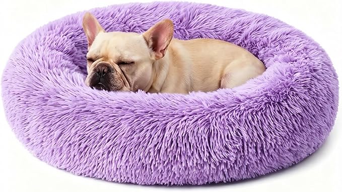 Calming Donut Dog Bed for Small Dogs, Anti-Anxiety Round Washable Plush Fluffy Faux Fur Large Cat Bed, 24 inches Fits up to 25 lbs Pets, Anti-Slip Waterproof Mute Base Purple