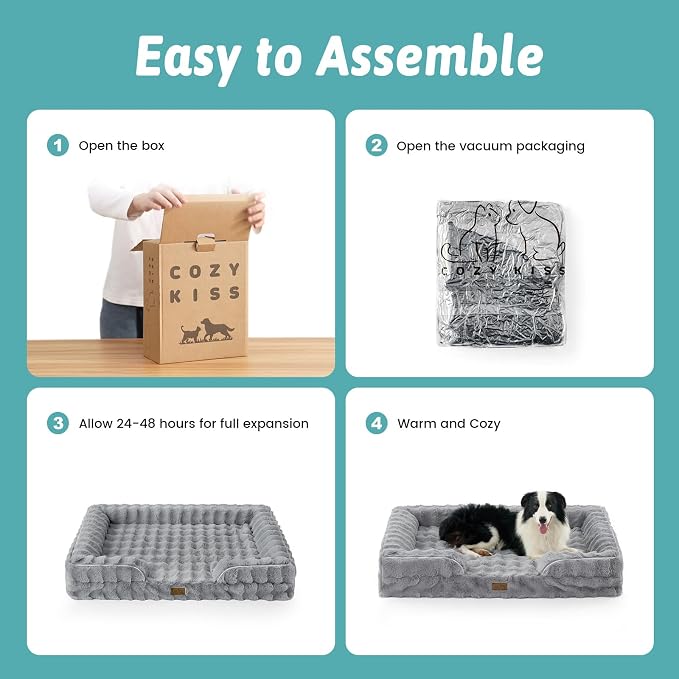 COZY KISS Faux Fur Orthopedic Dog Bed Washable for Extra Large Dogs, XL | Soft Warm Pet Sofa with Sides or Bolster, Non-Slip and Big Dog Couch with Removable Waterproof Cover, 44x32 inch, Grey