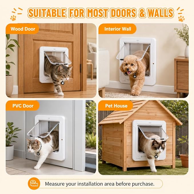 Smart Cat Door with Remote Control, White Pet Flap with 5 Collar Tag Keys, 4 Locking Modes, Selective Entry Door for Cats & Small Dogs