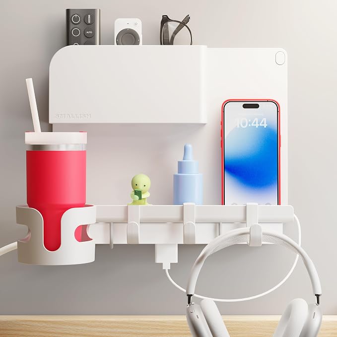 WallShelfie Bedside Wall Organizer & Dorm Decor for Dorm Room - 2.0, White | Dorm Room Essential, Floating Bedside Shelf Wall Mount Organizer, Remote Control Holder, Cool Teen Girls Trendy Stuff