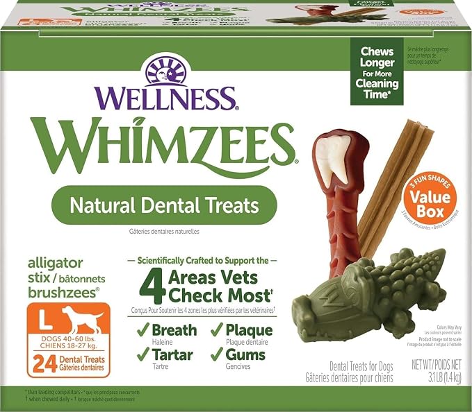 Wellness WHIMZEES Value Pack Natural Dog Dental Treat, Chews, Freshens Breath, Large Size, 50.9 oz Box, 24 Count