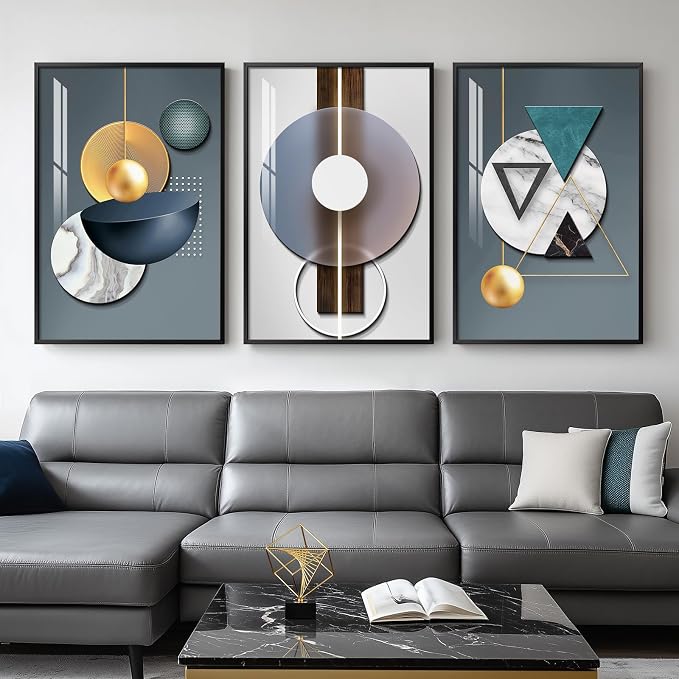 Large Framed Modern Luxury Wall Art for Living Room, 3 Piece Abstract Blue Green Paintings Wall Decor, Bright Style Geometry Prints Artwork with Black Frame for Office 24x36 Inch