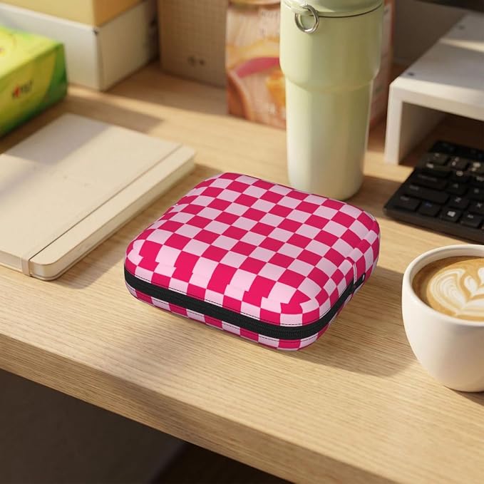 Pink And White Checkered Checker Checkerboard Square Grid Period Bag For Women,Portable Sanitary Napkin Period Pad Pouch For Purse, Small Make Up Bags