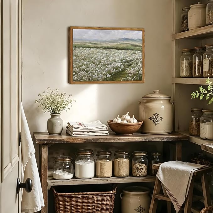 Framed Vintage Landscape Wall Art, Country Wildflower Field Pictures Wall Decor, Rustic Nature Flower Paintings Canvas Prints Farmhouse Home Decor for Living Room Bedroom Bathroom 16x24 inch