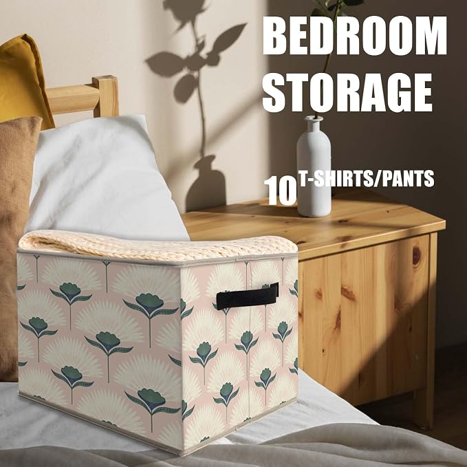 Retro Pink Floral Storage Bins Basket, Mid Century Modern Art Nouveau Collapsible Fabric Storage Box Organizer Toybox for Bedroom Bathroom Clothes Books Toys
