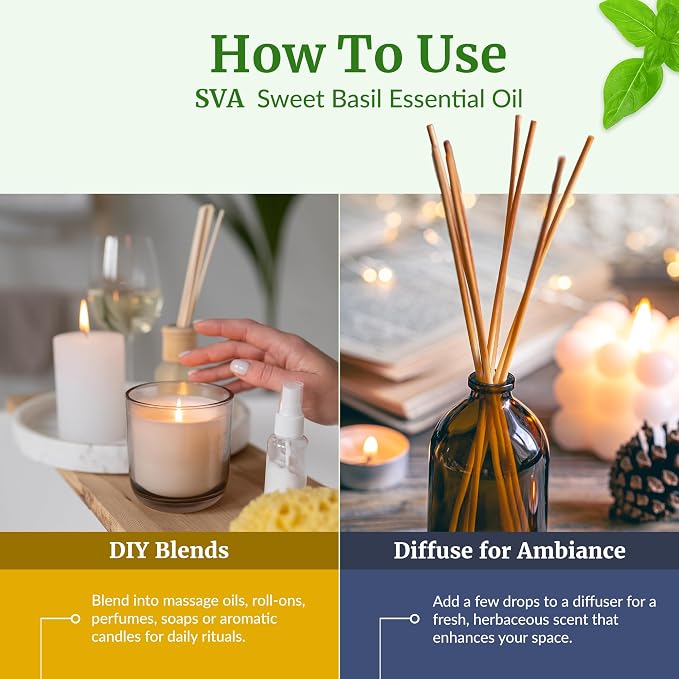 SVA Sweet Basil Essential Oil 4 Fl Oz – for Diffuser, Skin & Hair Care – Ideal for Massage & DIY Blends - with Dropper
