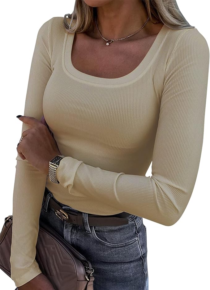 Roselux Womens Long Sleeve Scoop Neck Ribbed Knit Fitted Casual Tops Tee Slim Basic Shirts