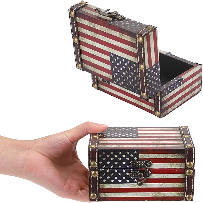 Hipiwe American Flag Treasure Chest Box Wooden + PU Leather Jewelry Boxes | Vintage Decorative Jewelry Trinket Box Memento Box Small Keepsake Boxes Gifts