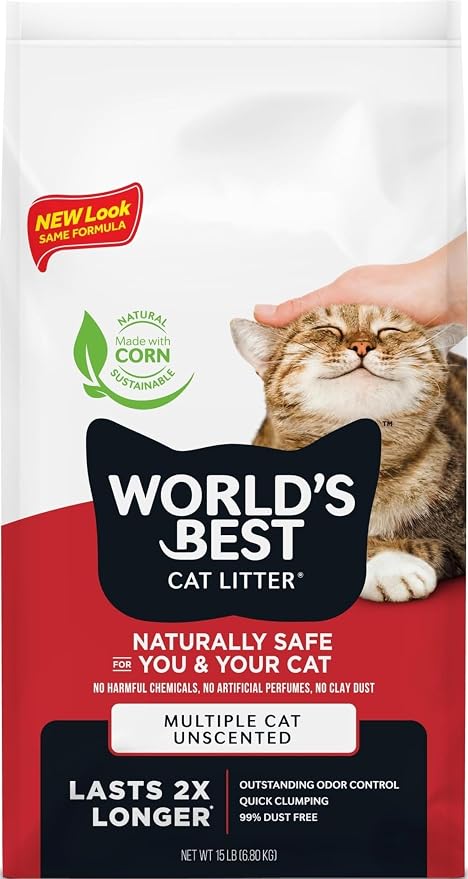 World's Best Cat Litter, Multiple Cat, Unscented, Odor Control, 15 lb Bag | Controls tough multi-cat odors and lasts 2x longer; natural corn litter, quick clumping, flushable, 99% dust free