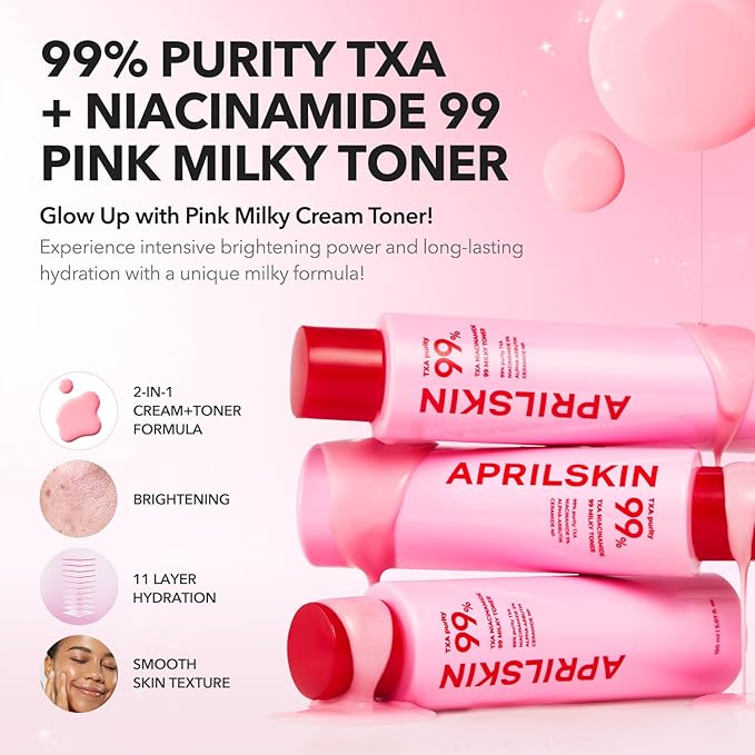 APRILSKIN TXA+Niacinamide 99 Pink Milky Toner | 99% High-Purity TXA 3%+ Niacinamide 5% for Brightening | Highly Concentrated Cream Toner | Deep Moisturizing Formula for Dull Skin | 5.07 fl.oz.