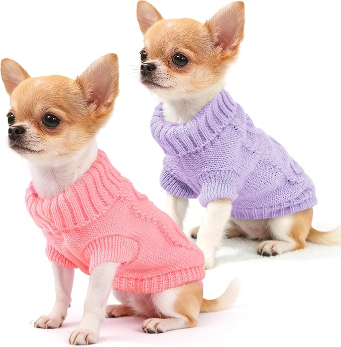 2 Pieces Dog Sweater for Small Dogs Winter Warm Dog Knitted Sweaters Cute Puppy Clothes for Chihuahua Teacup Yorkie Spring Pet Cat Knitwear Turtleneck Thick Clothes M(7.3~11.3lbs)