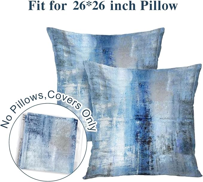 Blue and Grey Abstract Art Artwork Pillow Cover, Gallery Modern Decorative Throw Pillows Cushion Cover for Bedroom Sofa Living Room 26 x 26 Inch Set of 2