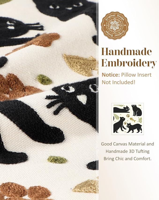 Animal Embroidered Throw Pillow Cover 18x18 Inch, Black Cat Leaves | Decorative Pillow Cover, Cottagecore Cushion Cases with Hidden Zipper, Farmhouse Decor for Couch, Sofa, Living Room