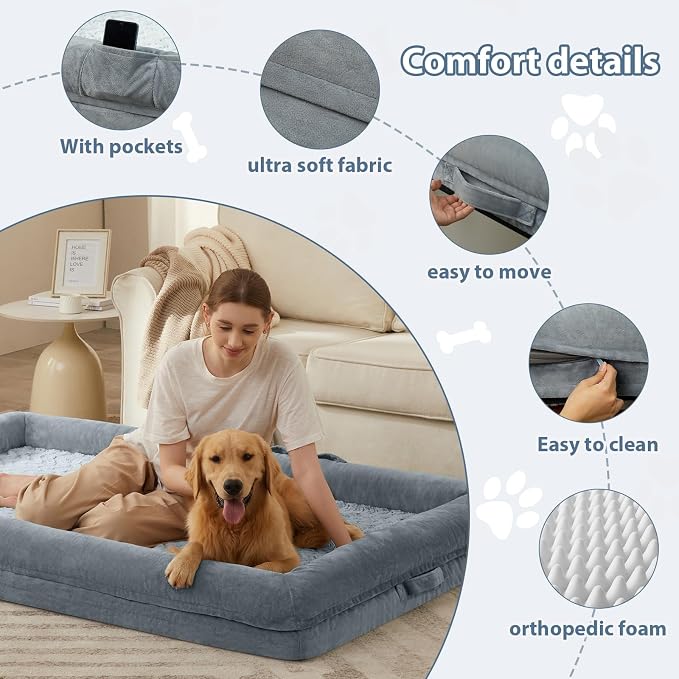 WNPETHOME Human Dog Bed Orthopedic for Adult & Dogs Comfy Sleeping | Washable Waterproof Dog Couch with Removable Cover, Large Pet Sofa Bed with Bolster Sides for Relaxing Grey 71x46 Inch
