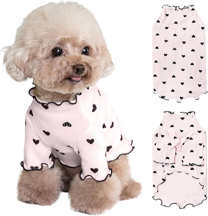 Pet Clothes for Small Dogs Cat Summer Fall Heart Print Shirt Stretchable Ruffle Long Sleeve Outfits for Chihuahua Schnauzer Shih Tzu Yorkie (Pink, X-Small)