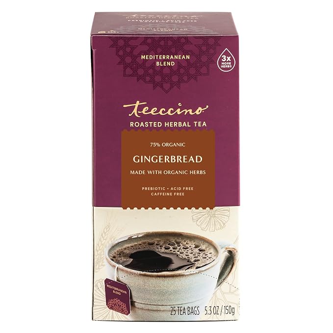 Teeccino Gingerbread Chicory Coffee Alternative - Holiday Dessert Beverage That’s Prebiotic, Caffeine-Free & Acid Free, Medium Roast, 25 Tea Bags