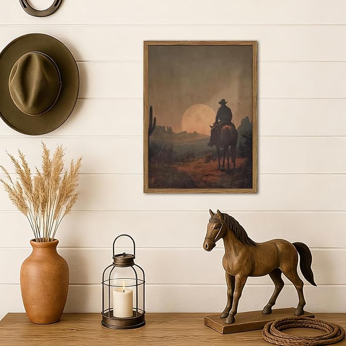 Vintage Cowboy Wall Art Western Country Wall Decor Painting, Southwestern Desert Cactus Poster Canvas Print Picture Retro Rustic Horse Artwork for Living Room Bedroom 12x16 inch Wood Framed