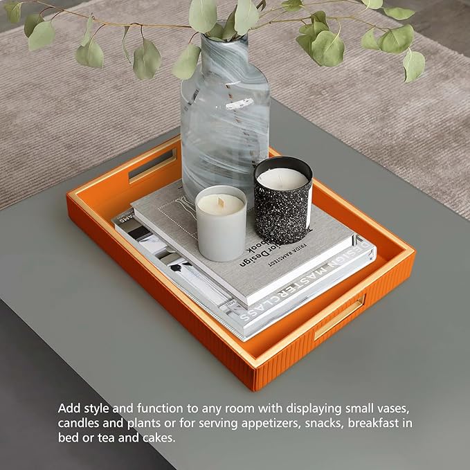 Leather Tray Desktop Storage Organizer, Rectangle Valet Tray, Orange | Premium Serving Trays with Handles, Decorative Tray Desk Organizer for Sundries Cosmetics Phone Wallet Keys Cutlery