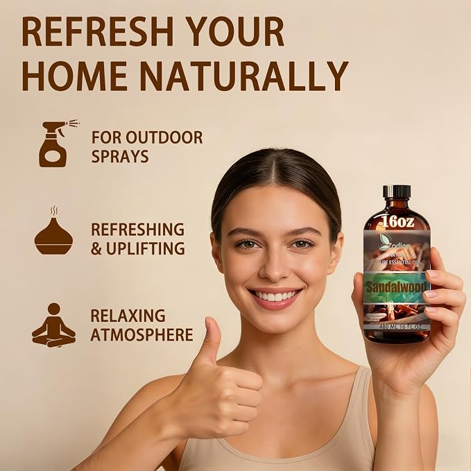 Sandalwood Essential Oil - Sandalwood Oil for Diffuser, 16 Fl Oz(480ml) | Candle Making, Soap Making, aroma, Strong Scent, Pure, Natural, Home Fragrance, Massage, Large Bottle, Yoga