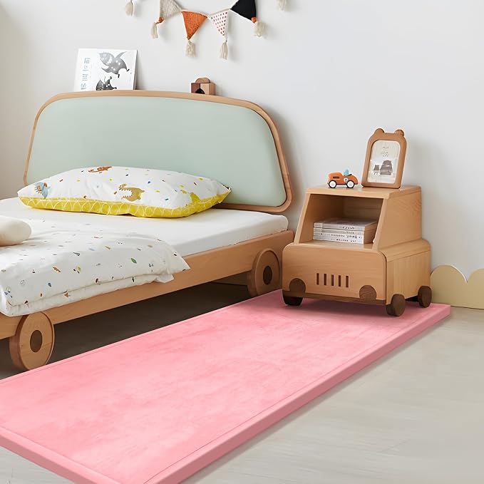 Huloo Sleep Play Mat for Babies Toddlers,1.3" Thick Elasti-Foam Anti-Fall Cushion Mat for kids Room,28×72 Bedroom Bedside Rugs,Water-Repellent Soft Coral Velvet,Non-Slip(Pink)