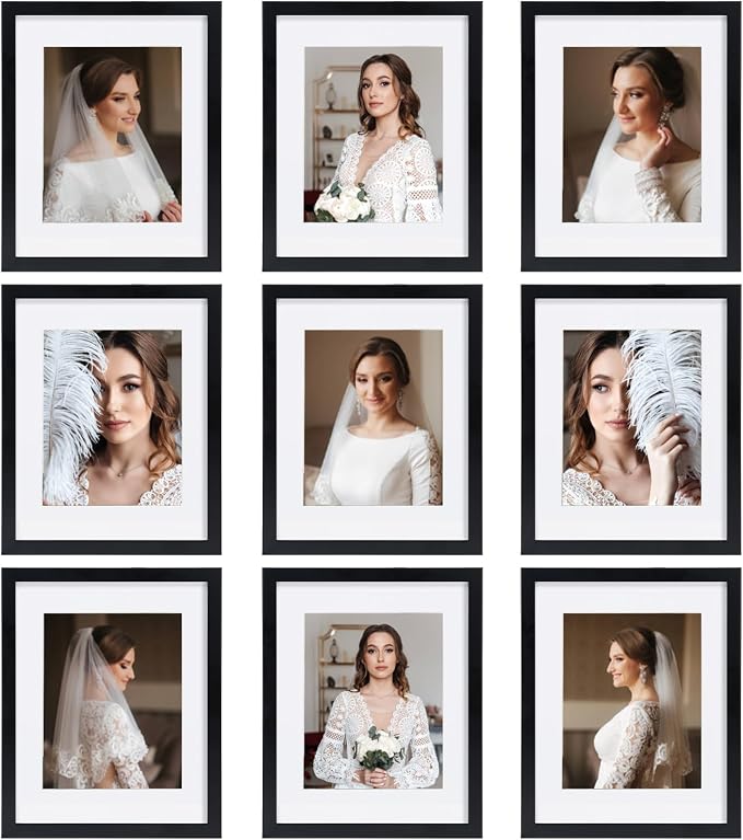 11x14 Picture Frame Set of 9, Display Pictures 8x10 with Mat or 11x14 without Mat, Multi Collage Gallery Square Photo Frames for Wall or Tabletop, Black