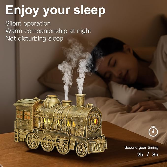 Essential Oil Diffuser Train Diffuser 300ml, Train Humidifier, Aromatherapy Diffuser Cool Mist Aromatherapy with 2 Light 2 Mist Mode Auto Shut-Off, Remote Included for Office Baby Home (Copper)