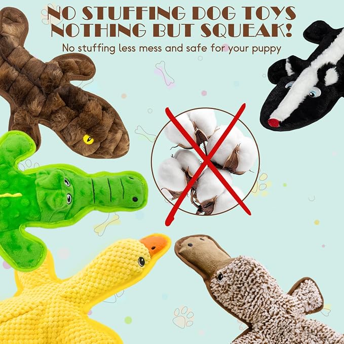 No Stuffing Dog Squeak Toys, 5 Pack Chew Toys for Small to Large Puppies | Durable Plush Puppy Teething Toys, Interactive to Keep Pets Busy, Toss Fetch Tug Play, Best Birthday Gift