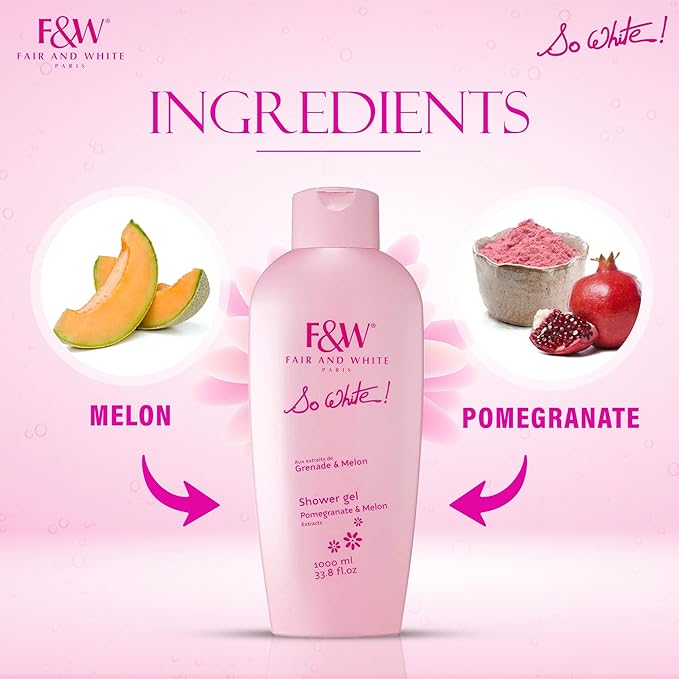 FAIR & WHITE So White Refreshing Brightening Body Wash - 1000ml / 33.8 fl oz - Daily Moisturizing Skin Shower Gel, with Pomegranate & Melon Extracts