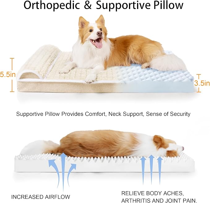 Orthopedic Large Dog Bed Pillow Pet Sofa Bed 56''X40'' Ivory | Egg-Crate Foam Pet Couch Large Sized Dog, Waterproof Removable Washable Cover,Furry Puppy Crate Mat With Nonskid Bottom