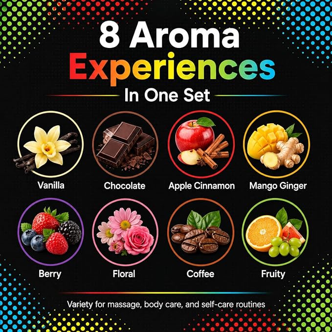 XOXO - 8 Piece Flavoured Body Massage Oils Set - Natural Pleasant Aroma for Men & Women - Quality Assurance, Nourishing & Moisturizing - 240ML/8.11 FL Oz - By Dude’s Love